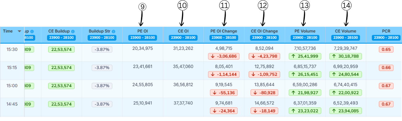 PE OI, CE OI, OI Change and Volume Columns